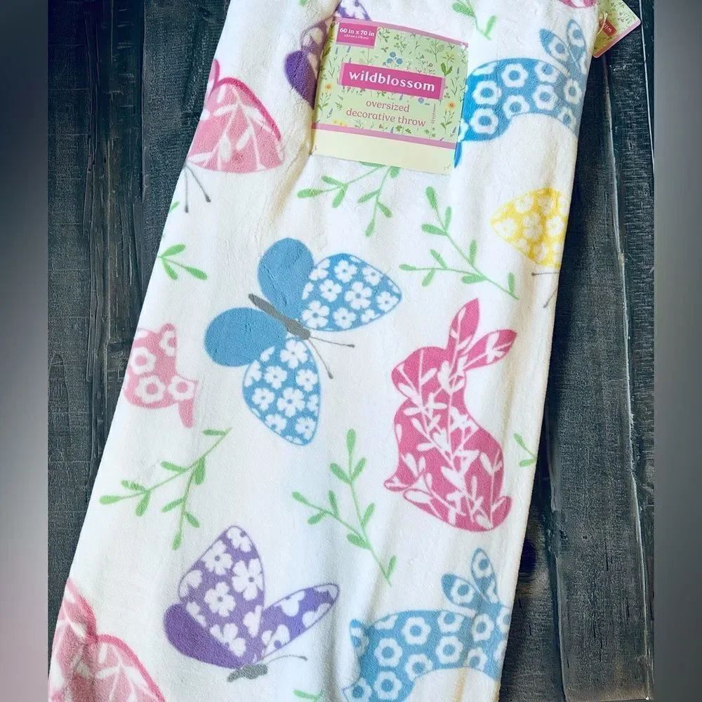 Easter Bunny Rabbit Butterfly Print Plush Throw Blanket